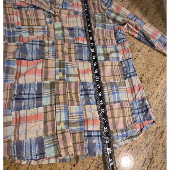 LL Bean Top Womens XS Madras Plaid Roll Tab Patchwork Button Shirt 501589 - Picture 4 of 13